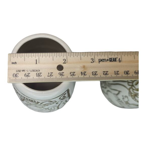 Vintage Mid-Century Mayan Aztec Native Design Vase Pair Cream Gold USA Made - Picture 14 of 16